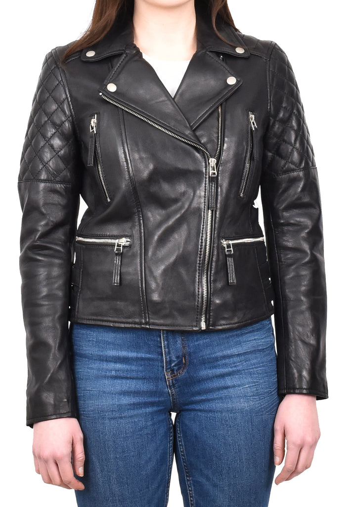 DR246 Women's Real Leather X-Zip Biker Style Jacket Black 8