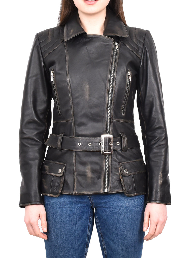 DR205 Women’s Slim Fit Cut Hip Length Biker Leather Jacket Rub off 8