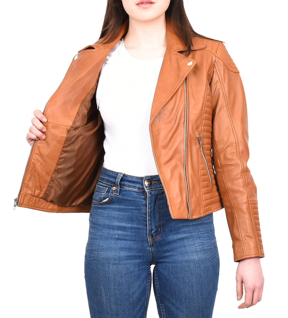 DR206 Women's Soft Leather Cross Zip Biker Jacket Tan 11