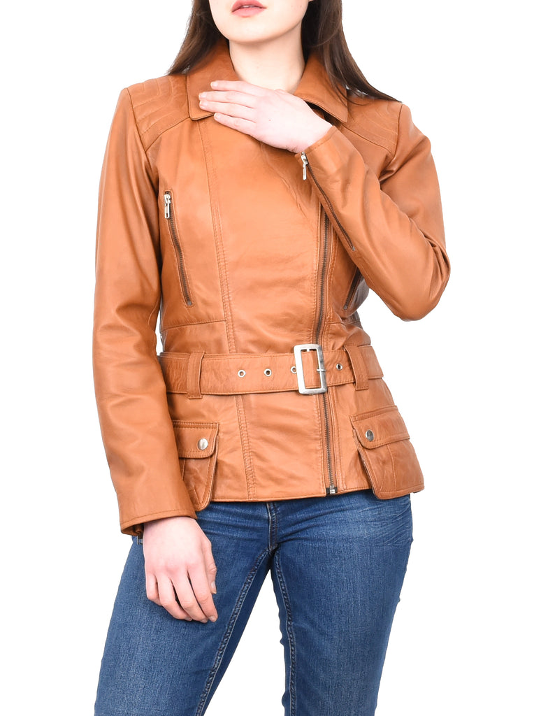 DR205 Women’s Slim Fit Cut Hip Length Biker Leather Jacket Tan 9