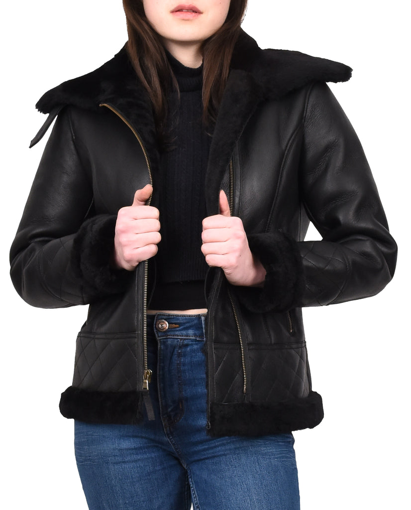 DR533 Women's Real Sheepskin Aviator Jacket Black 7