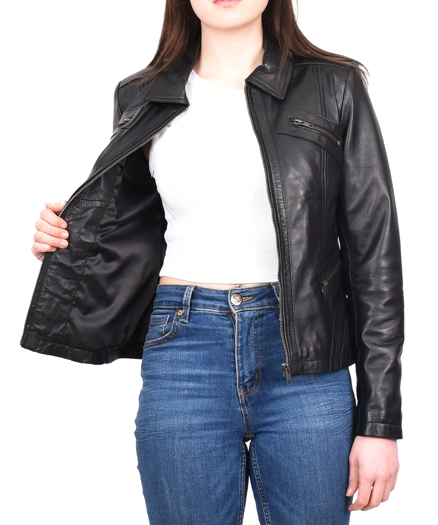 DR223 Women's Classic Leather Biker Zip Box Jacket Black 12