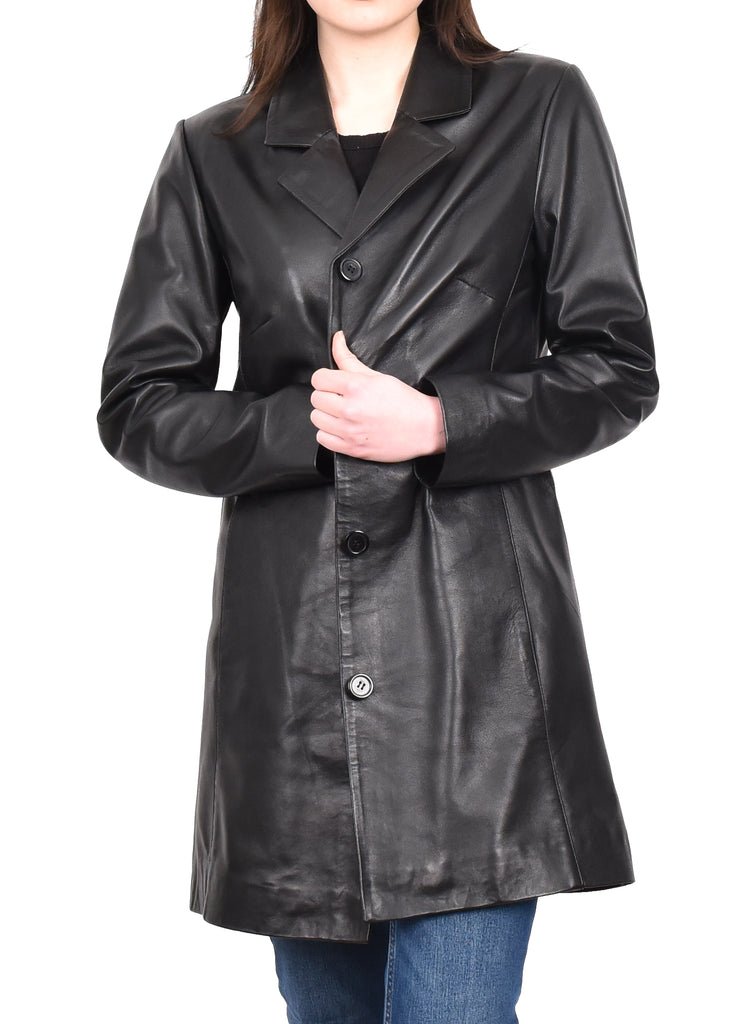 DR424 Women's Smart Long Leather Coat Black 8