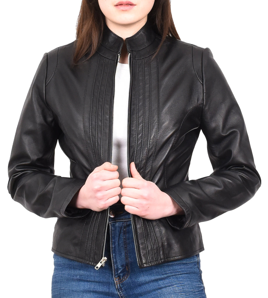 DR210 Women's Casual Biker Leather Jacket Black 8