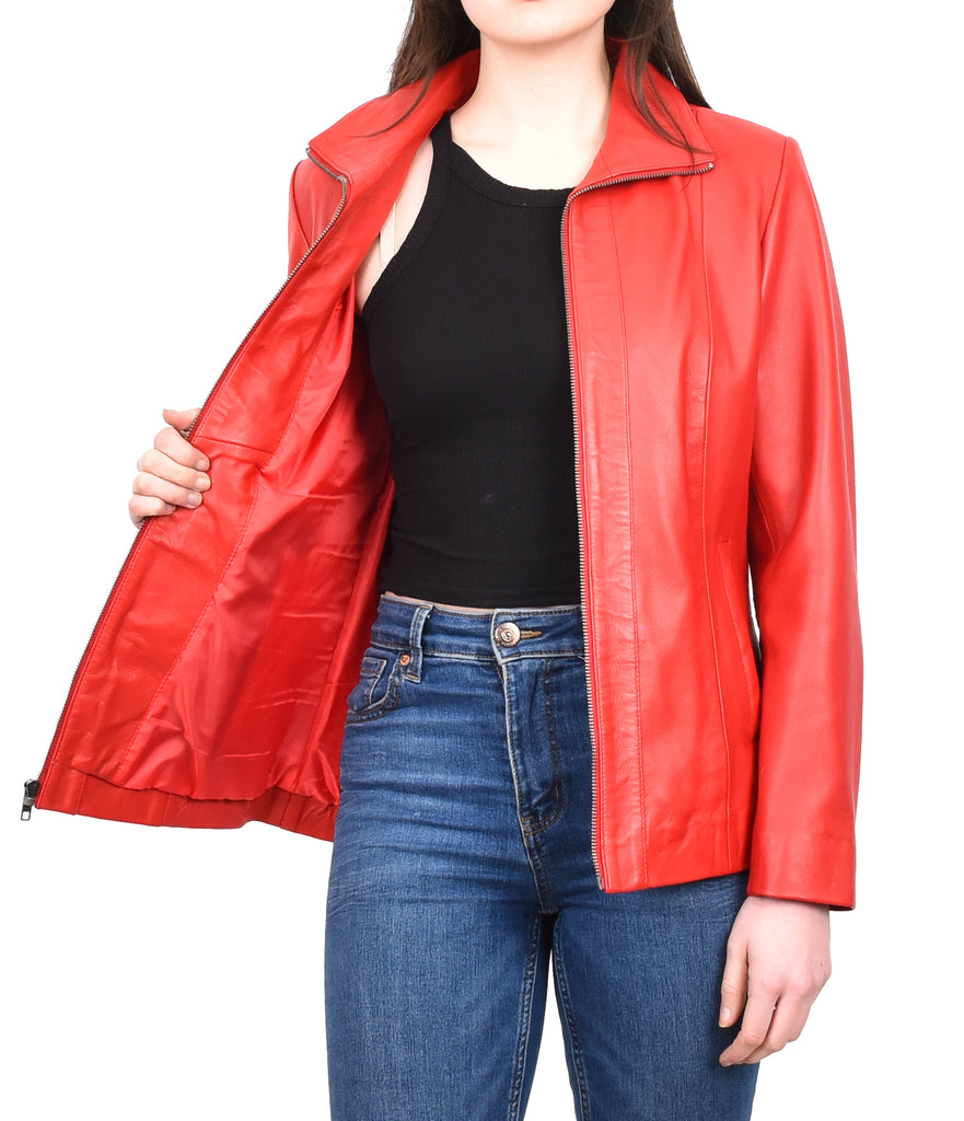 DR202 Women's Casual Semi Fitted Leather Jacket Red 13
