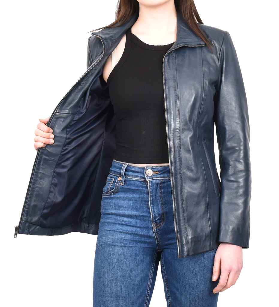 DR202 Women's Casual Semi Fitted Leather Jacket Blue 10
