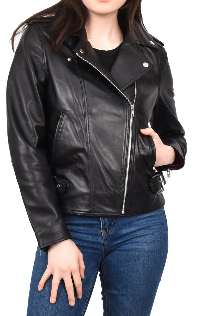 DR221 Women's Chic Biker Fitted Leather Jacket Black 9