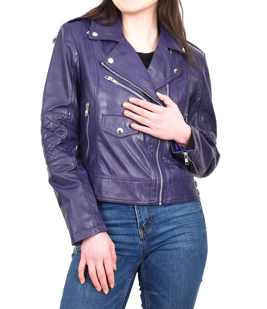DR207 Women's Real Leather Biker Cross Zip Jacket Purple 10