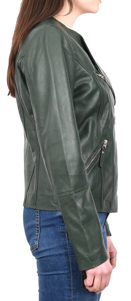 DR572 Women's Casual Cross Zip Leather Jacket Green 6