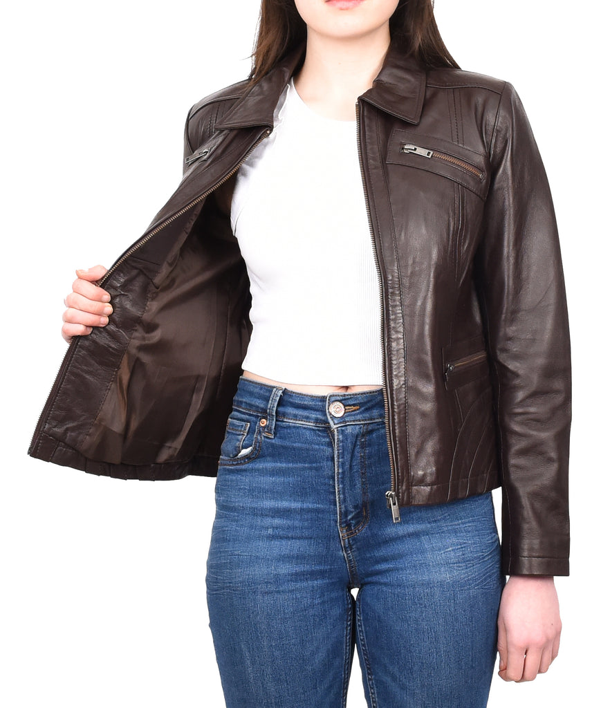 DR223 Women's Classic Leather Biker Zip Box Jacket Brown 12