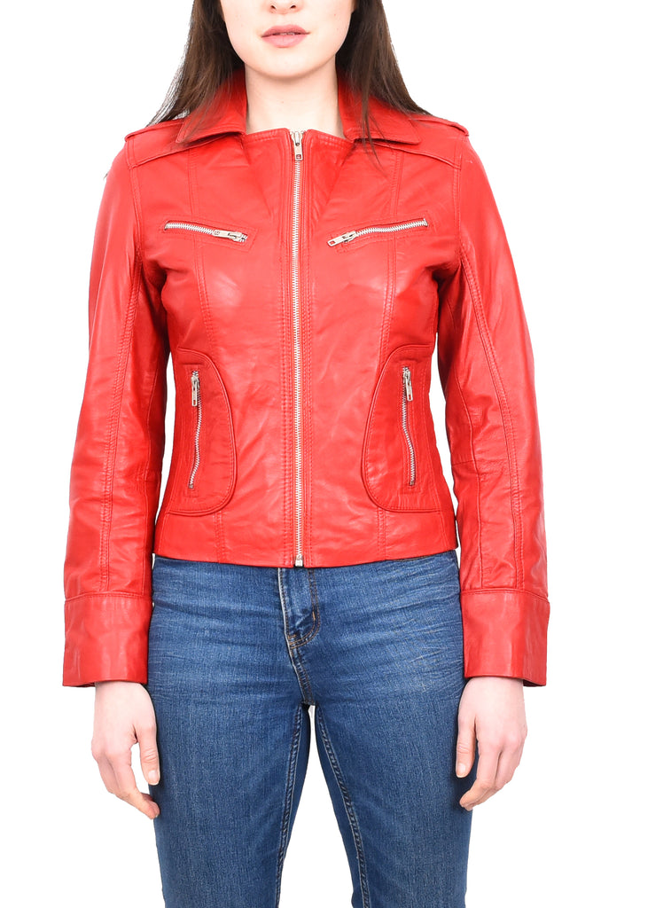 DR194 Women's Casual Leather Biker Jacket Short Red 8