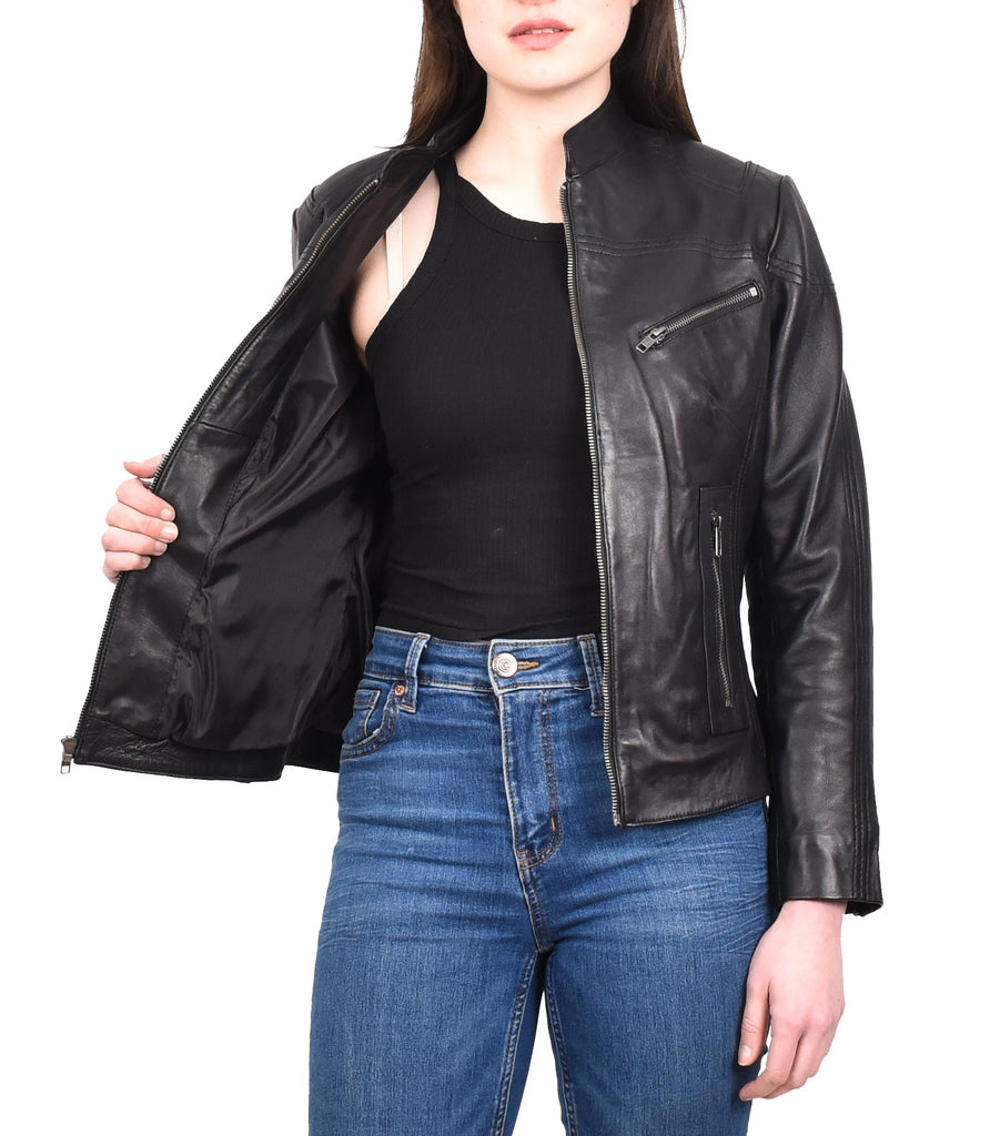 DR200 Ladies Classic Casual Biker Leather Jacket Black 12