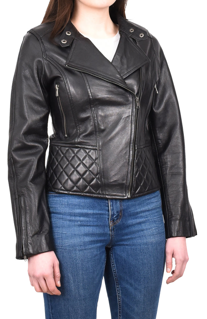 DR233 Women's Biker Leather Jacket Quilted Design Black 7