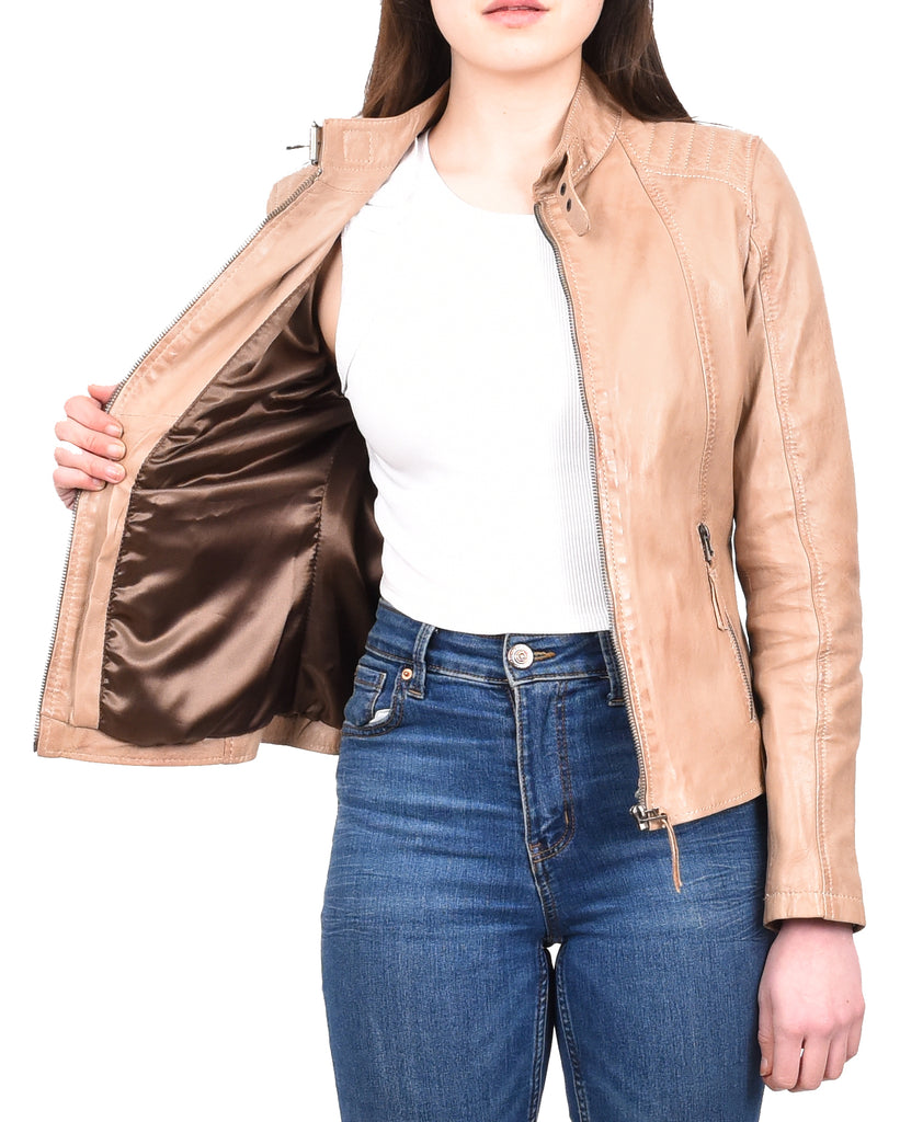 DR263 Women's Real Leather Classic Biker Jacket Beige 10