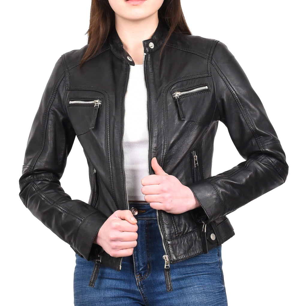 DR245 Women's Real Leather Biker Jacket Black 9