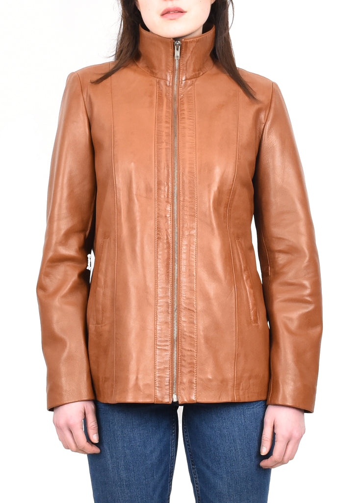 DR202 Women's Casual Semi Fitted Leather Jacket Tan 8