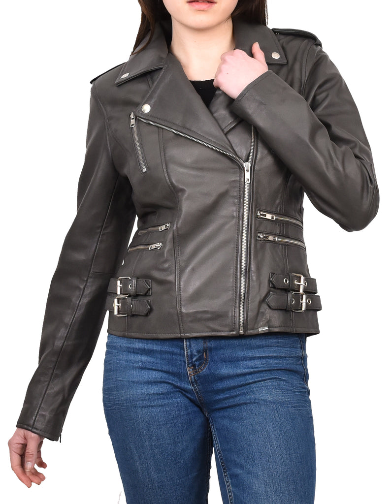 DR195 Women’s Trendy Biker Leather Jacket Grey 8