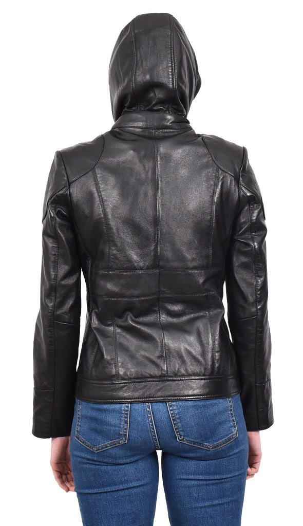 DR266 Women’s Black Leather Biker Style Jacket With Removable Hood 8