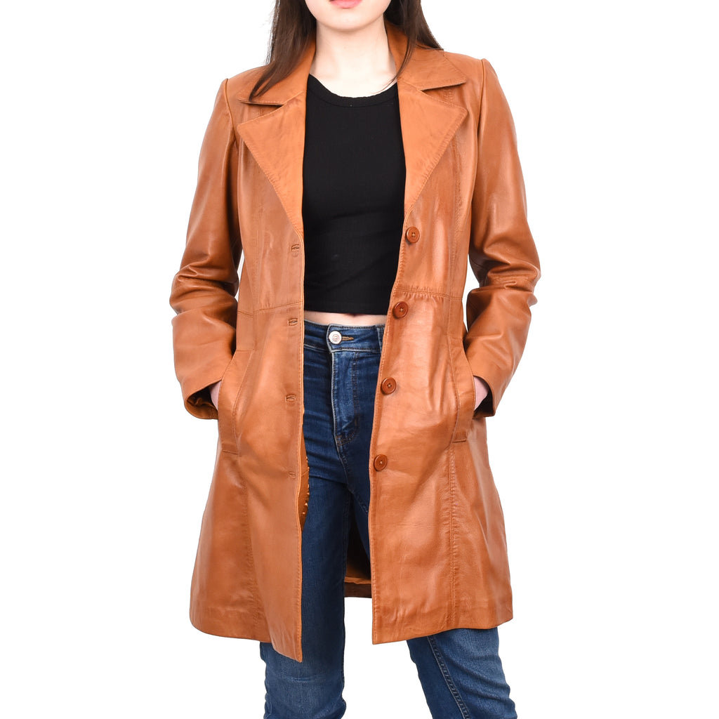 Women's 3/4 Length Soft Leather Classic Coat Tan Trenzia 1