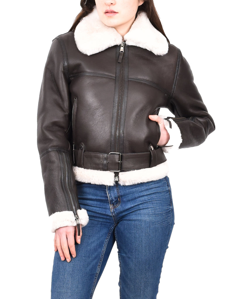 DR228 Women's Retro Sheepskin Leather Jacket Short Brown 9