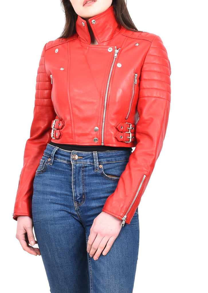 DR197 Women's Short Leather Stylish Biker Jacket Red 9