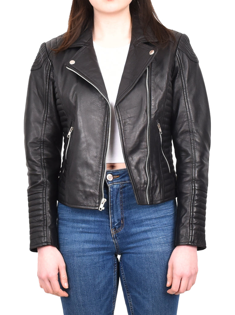 DR206 Women's Soft Leather Cross Zip Biker Jacket Black 8