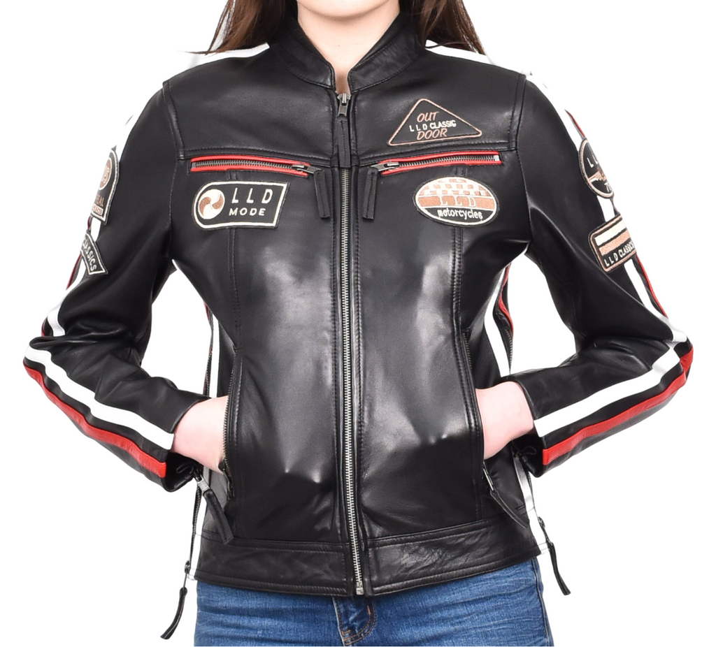 DR674 Women's Soft Real Leather Racing Biker Jacket Black 8