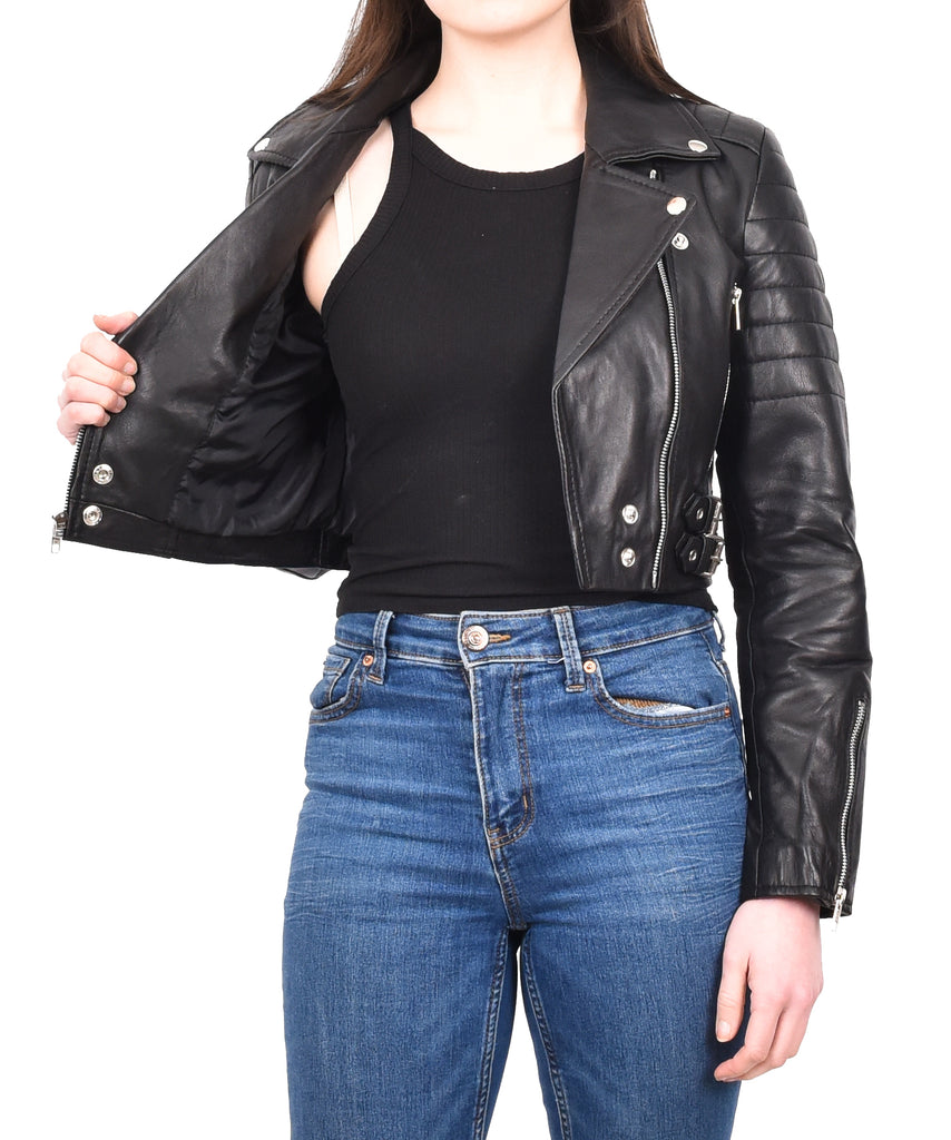 DR197 Women's Short Leather Stylish Biker Jacket Black 11