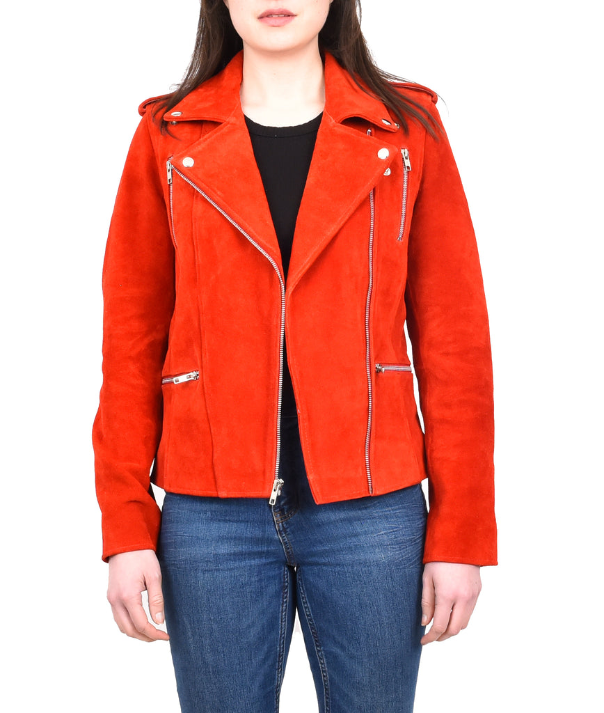 DR217 Women's Hardrock Biker Chich Leather Jacket Red Suede 9