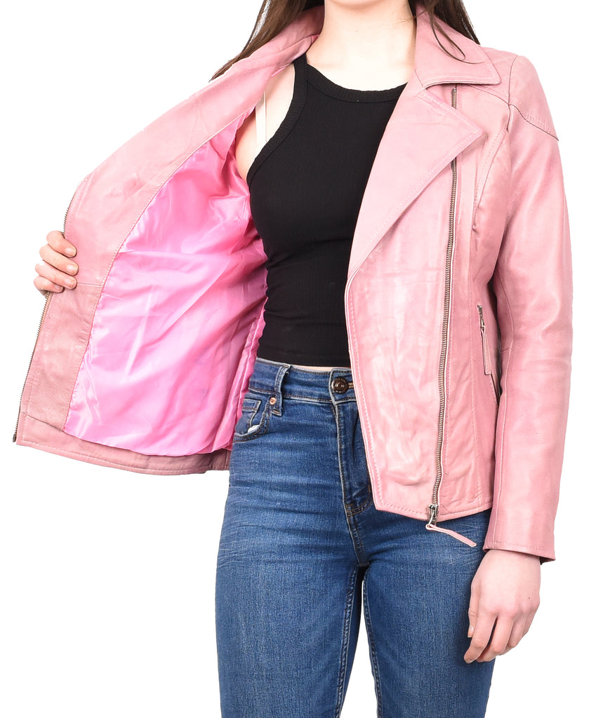 DR570 Women's Cross Zip Pocketed Real Leather Biker Jacket Pink 11