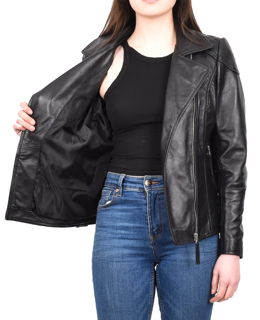 DR570 Women's Cross Zip Pocketed Real Leather Biker Jacket Black 11