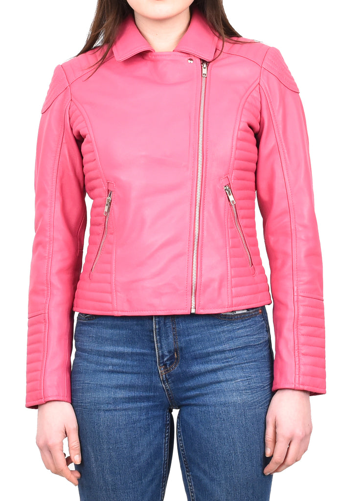 DR206 Women's Soft Leather Cross Zip Biker Jacket Pink 8