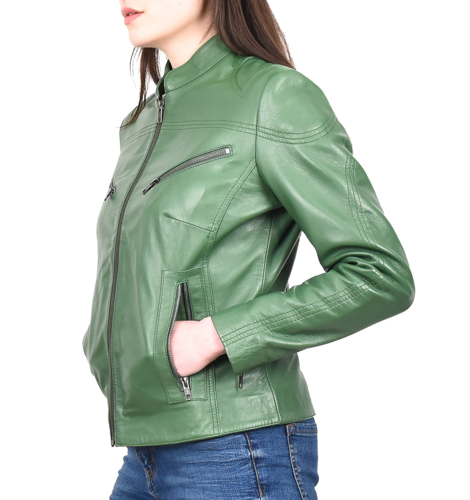 DR200 Ladies Classic Casual Biker Leather Jacket Green 8