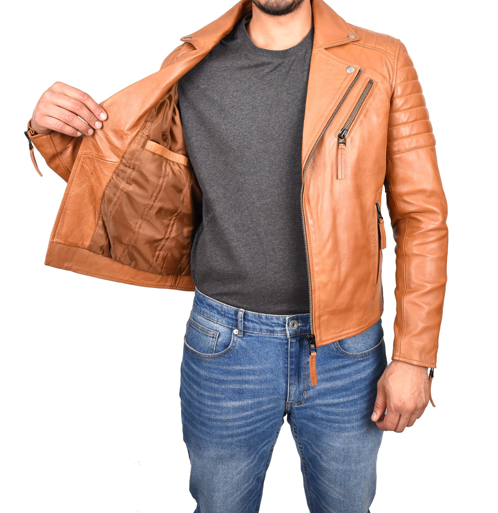 DR145 Men's Quilted Biker Leather Jacket Tan 8