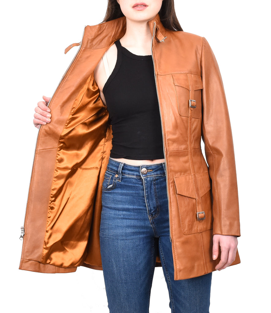 DR566 Women's Leather Jacket With Dual Zip Fastening Tan 12