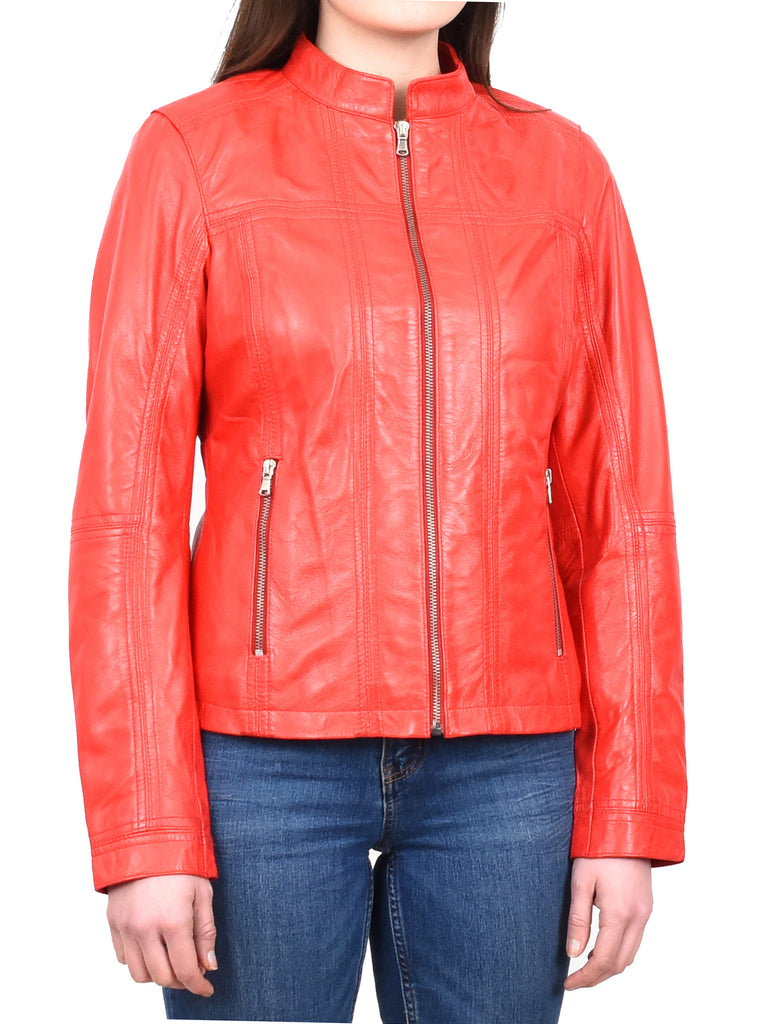 DR257 Women's Leather Classic Biker Style Jacket Red 8