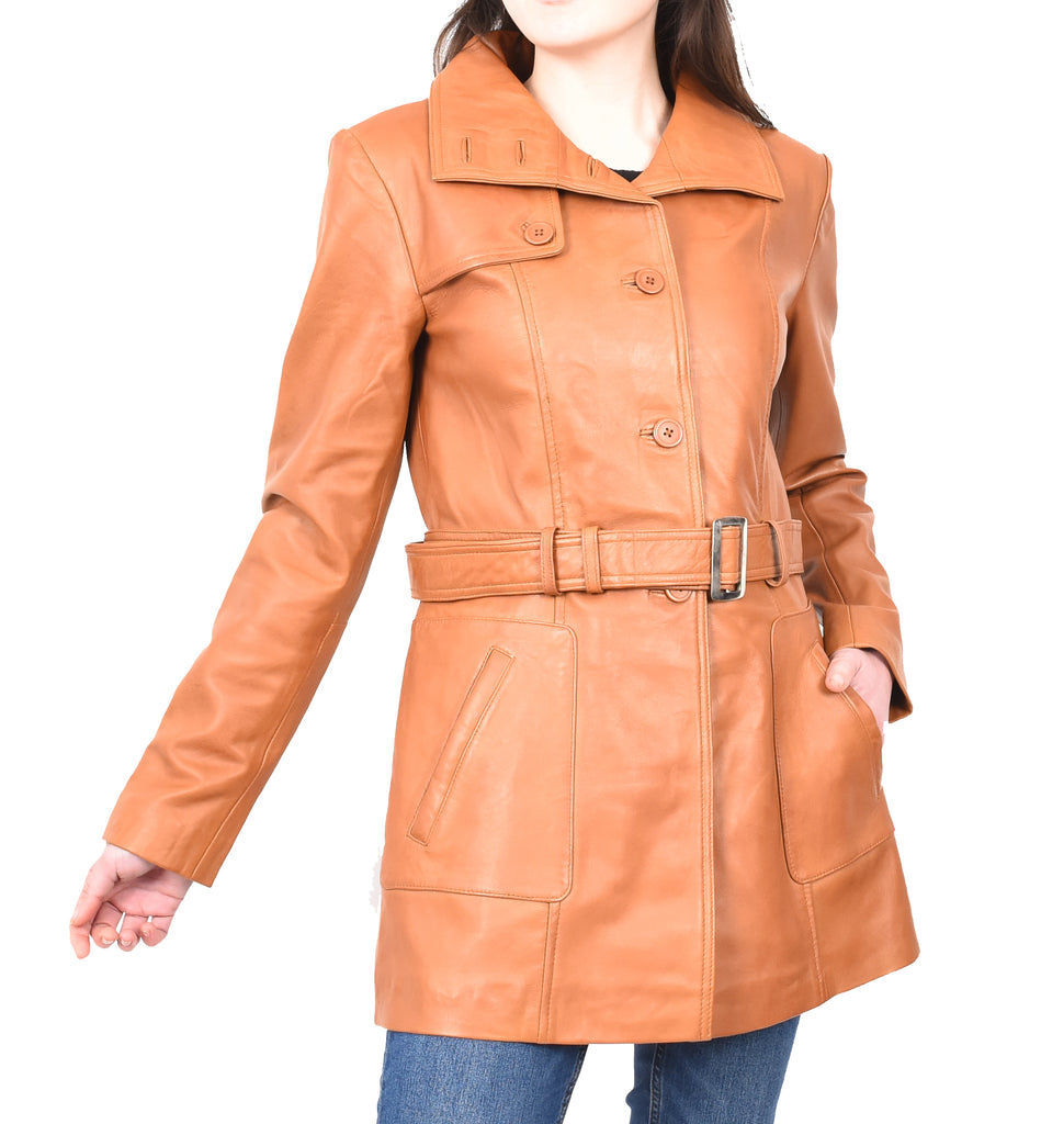 DR219 Women's Smart Winter Leather Coat Tan 10