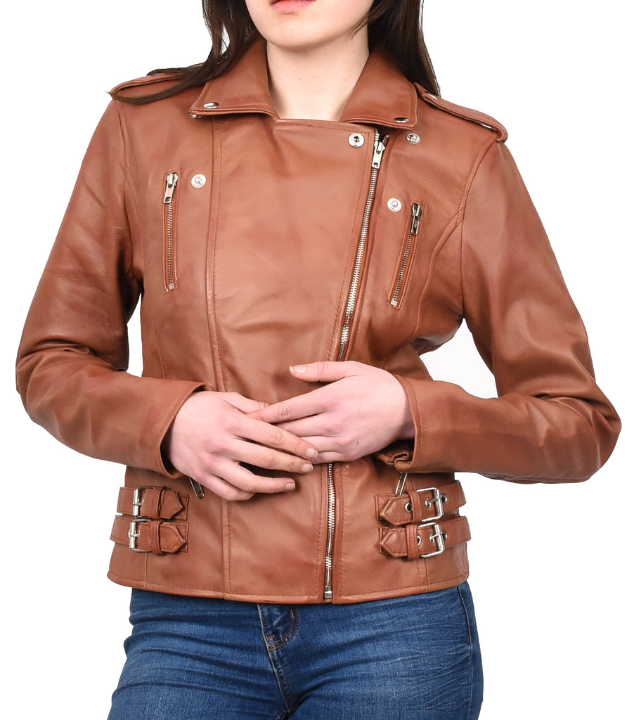 DR195 Women’s Trendy Biker Leather Jacket Cognac 8