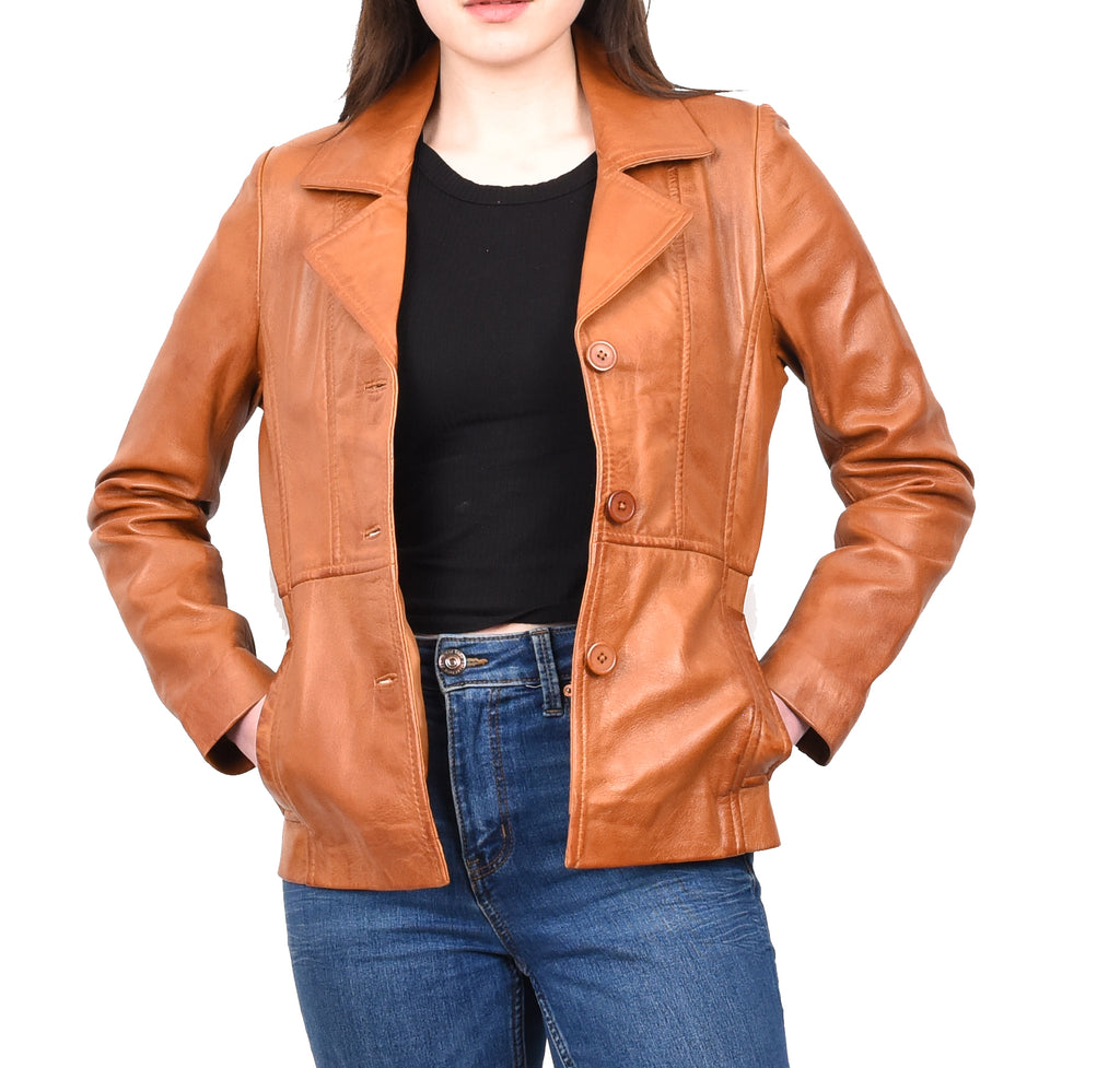 DR198 Women's Smart Work Warm Leather Jacket Tan 8