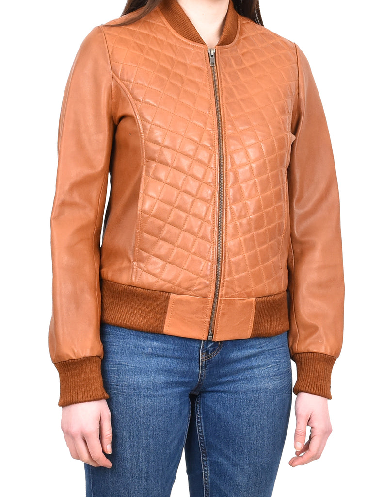 DR211 Women's Quilted Retro 70s 80s Bomber Jacket Tan 8