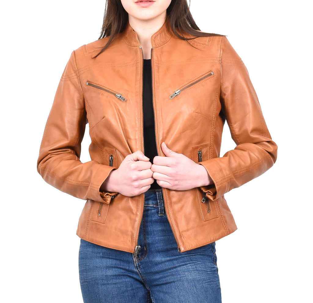 DR200 Ladies Classic Casual Biker Leather Jacket Tan 8