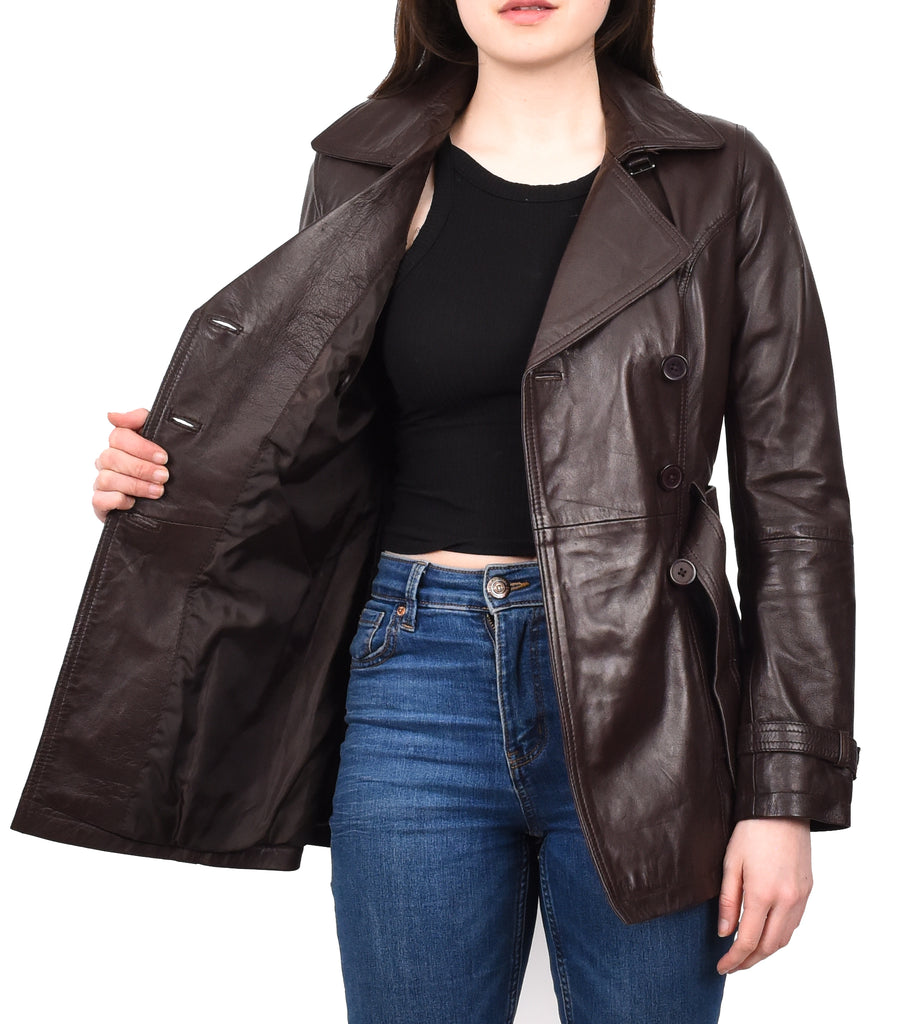 DR201 Women's Leather Buttoned Coat With Belt Smart Style Brown 11