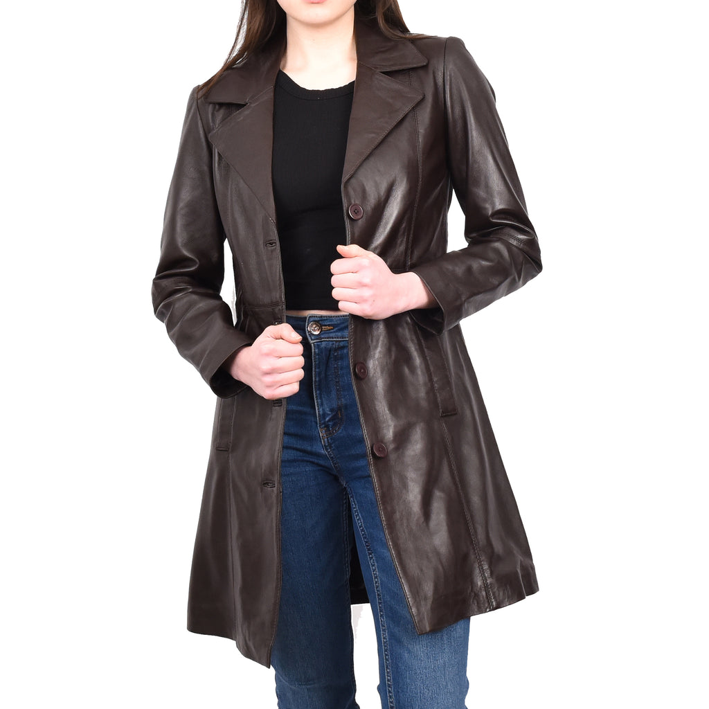 Women's 3/4 Length Soft Leather Classic Coat Brown Trenzia 1