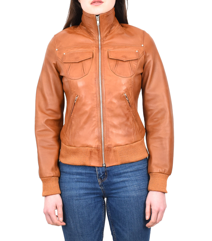 DR514 Womens Leather Classic Bomber Jacket Tan 8