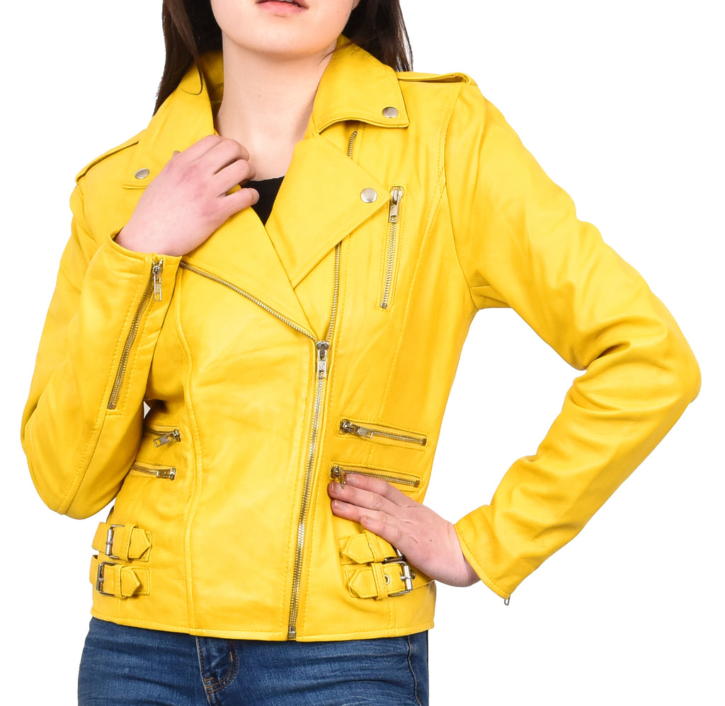 DR195 Women’s Trendy Biker Leather Jacket Yellow Vintage 8