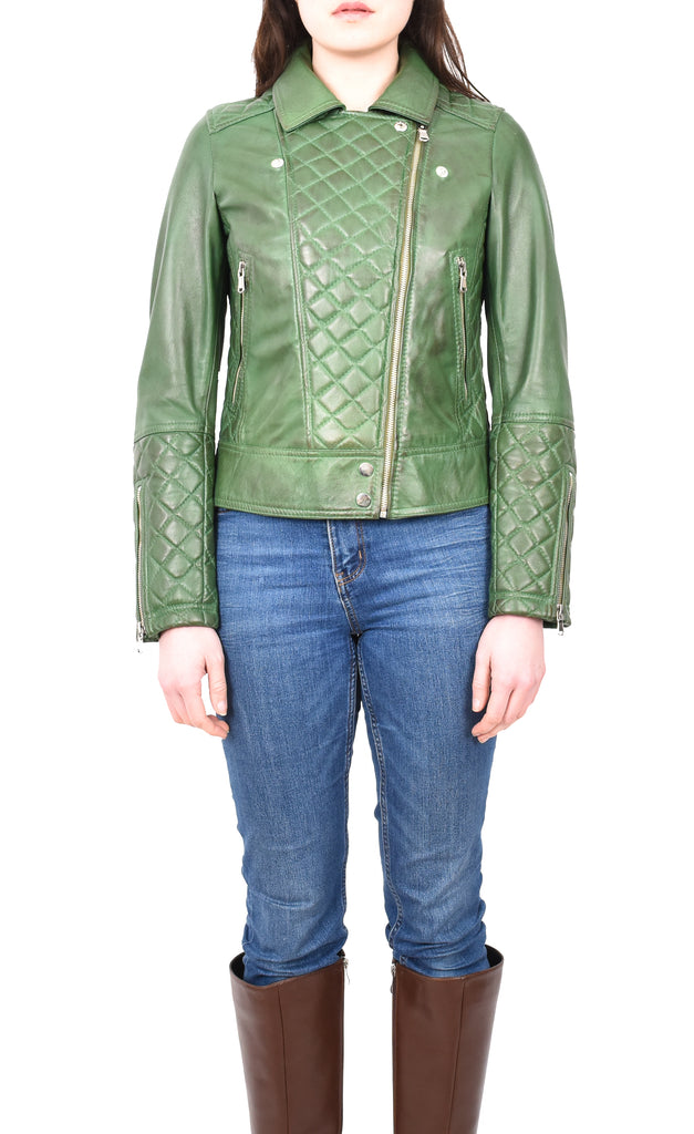 DR238 Women's Leather Biker Jacket with Quilt Detail Green 10
