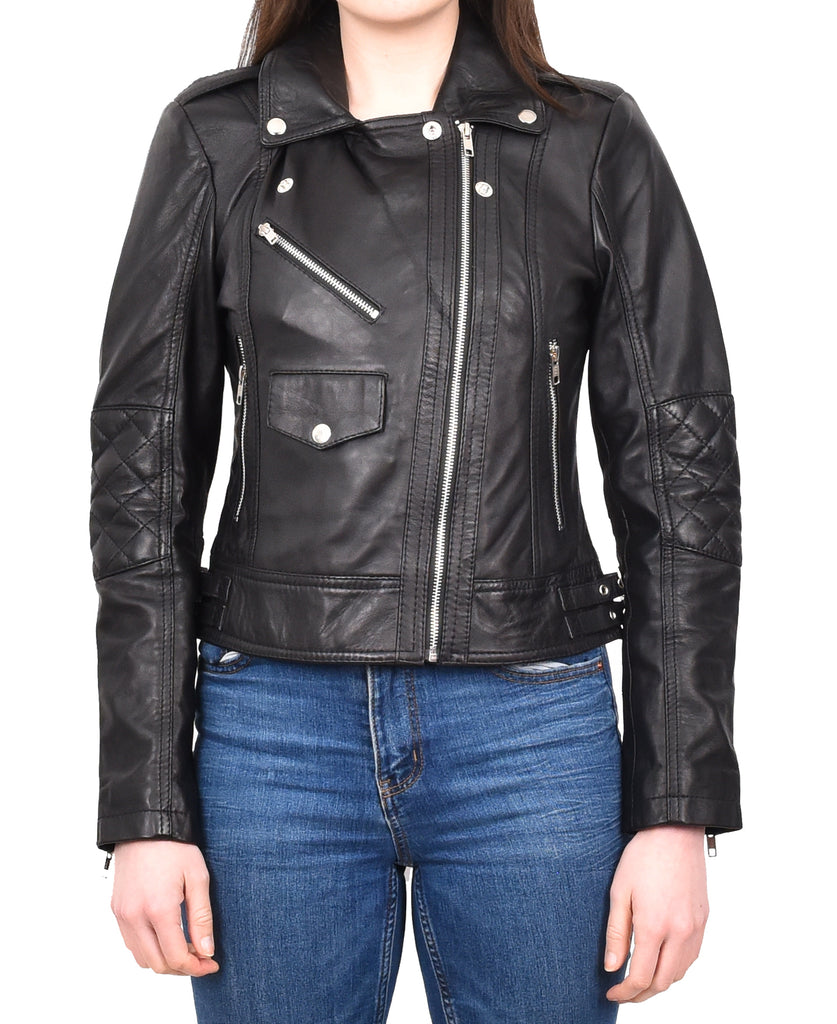 DR207 Women's Real Leather Biker Cross Zip Jacket Black 8