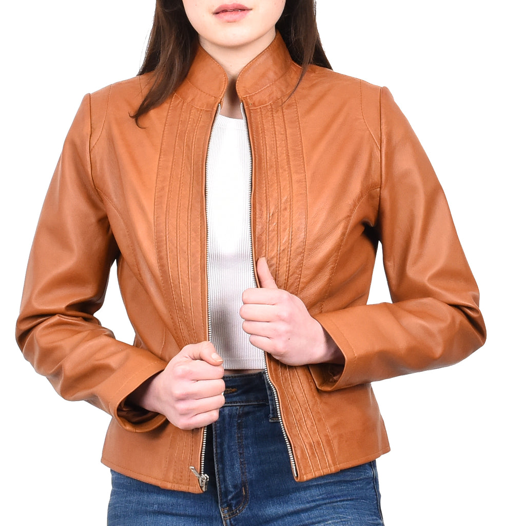 DR210 Women's Casual Biker Leather Jacket Tan 8