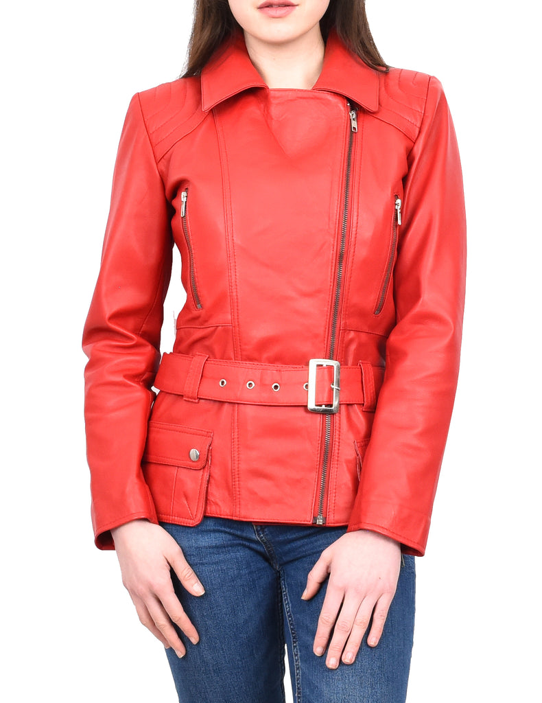 DR205 Women’s Slim Fit Cut Hip Length Biker Leather Jacket Red 9