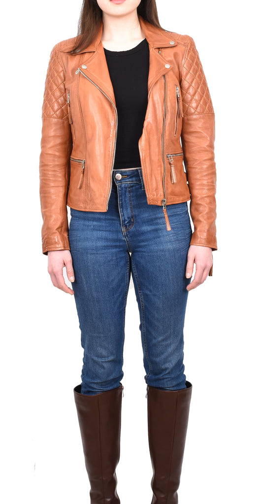 DR246 Women's Real Leather X-Zip Biker Style Jacket Cognac 7